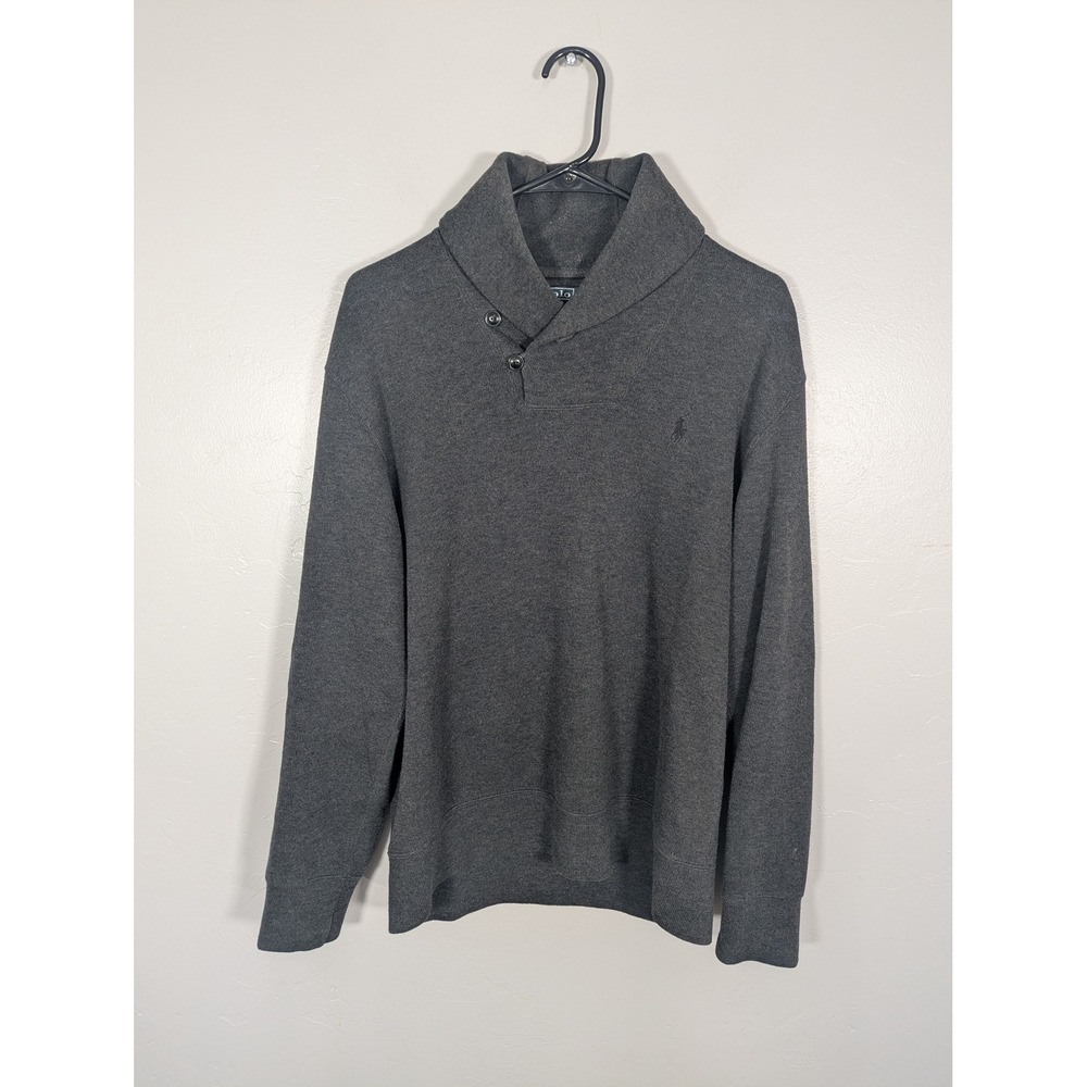 Polo Ralph Lauren Mens Shawl Collar Sweater Grey Cotton Elbow Patches M